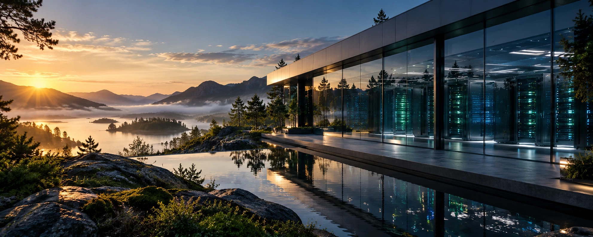 Corporate social responsibility and company responsibility information represented by a cinematographic, large-scale widescreen shot (landscape) of a hypermodern, minimalist data center that is fully integrated into a serene natural landscape, for example during the early morning hours (the golden hour).The architecture of the building is sleek and futuristic, with panels that express the soft, reflect natural colours of the environment. Through the glass facades of the building you can see a calm, organized server room with a soft, energy efficient amber glow. The image exudes a perfect synergy between high-end technology and ecological tranquillity.