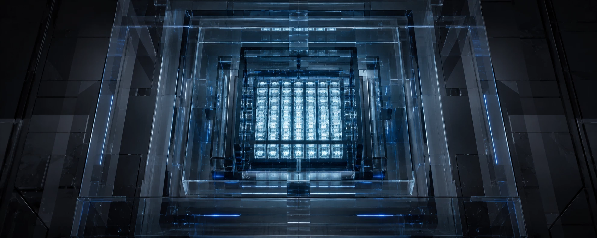 Privacy represented by a cinematographic, symmetrical bird's-eye view (top-down or a tight isometric perspective) of an abstract,glass vault architecture. You look down on a perfectly organized grid of pure white light (the data). This grid is enclosed by successive geometric layers of thick, laminated and tinted glass that filters ambient light. There are no people. The image radiates a deep, serene impenetrability: the data inside is perfectly organized and visible to those who are entitled to it, but the outside world is controlled by the massive, glass barriers kept at a safe distance. It exudes absolute structure and sovereignty.
