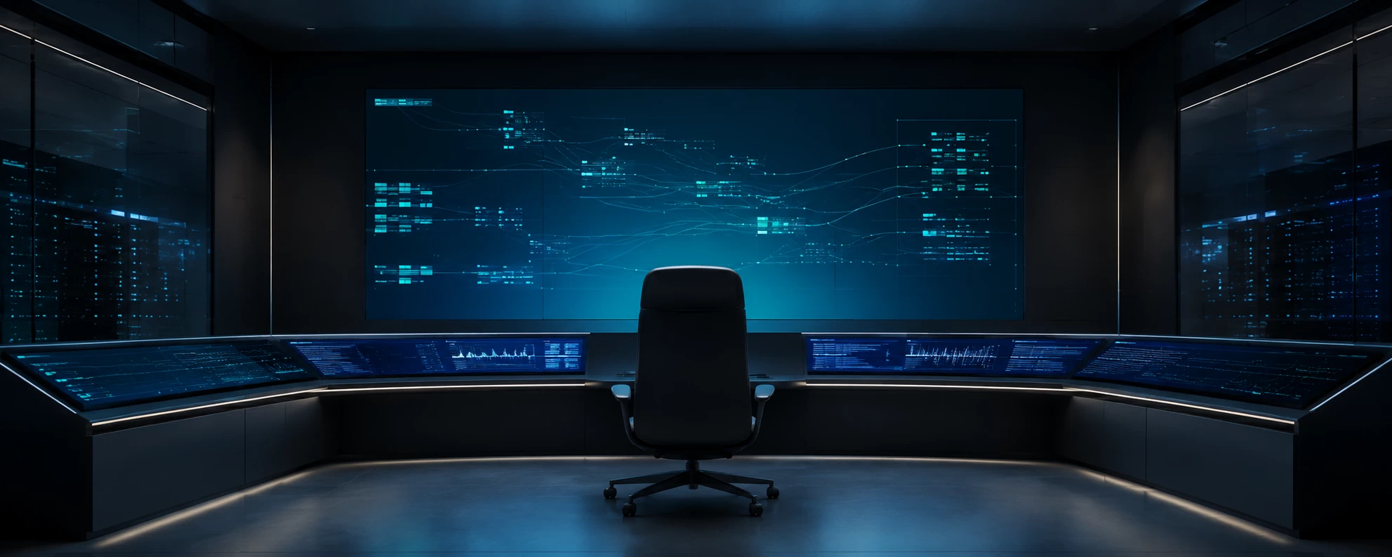 Contact represented by a cinematographic, minimalist image of a modern, darkened Security Operations Center (SOC) or a server room. At the center of the image is one sleek, minimalist cockpit seat that looks out onto a gigantic, subtly lighting wall with abstract data streams, network lines and a calm, green or blue dashboard.