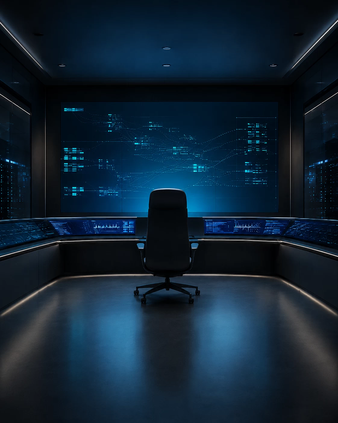 Contact represented by a cinematographic, minimalist image of a modern, darkened Security Operations Center (SOC) or a server room. At the center of the image is one sleek, minimalist cockpit seat that looks out onto a gigantic, subtly lighting wall with abstract data streams, network lines and a calm, green or blue dashboard.