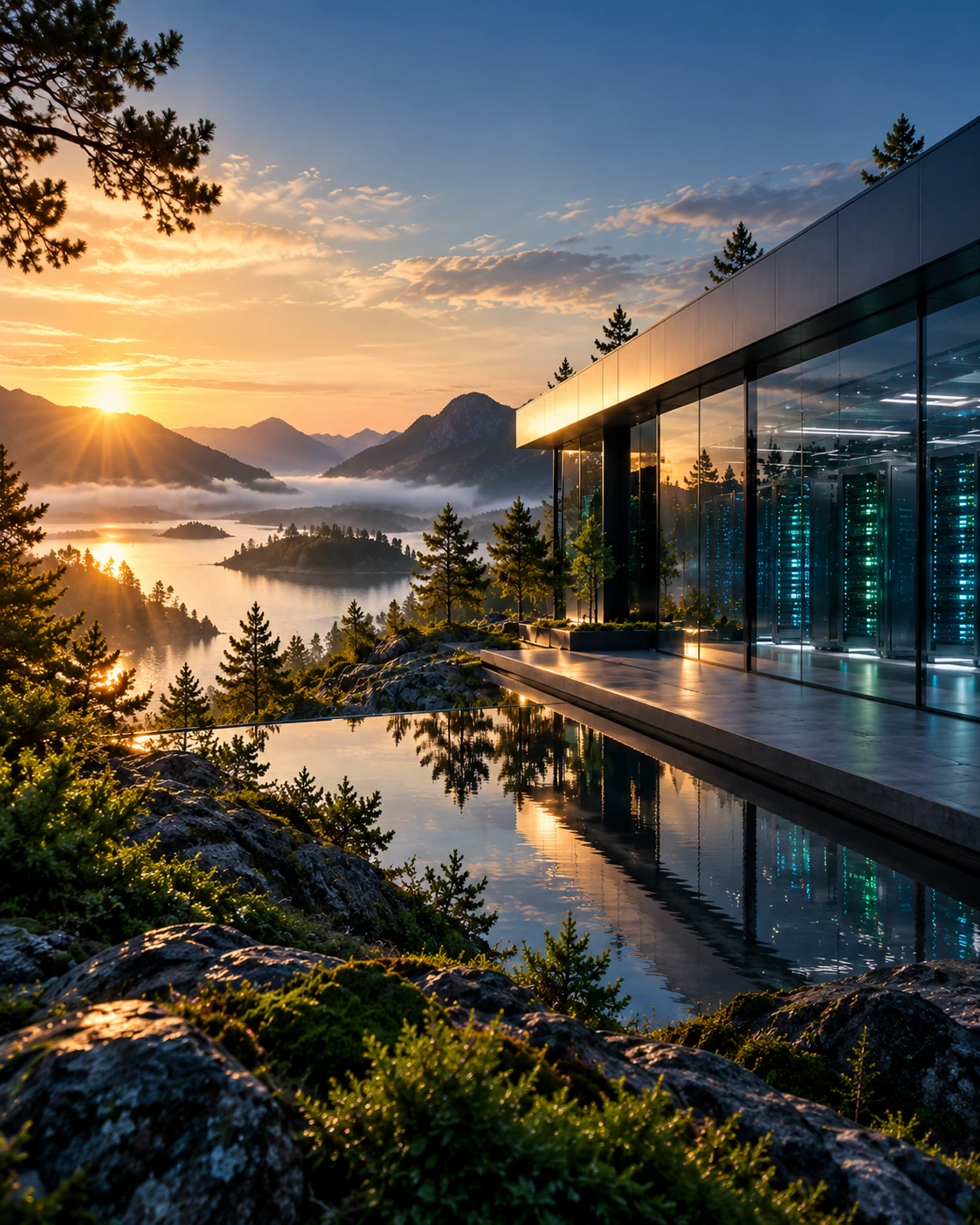 Corporate social responsibility and company responsibility information represented by a cinematographic, large-scale widescreen shot (landscape) of a hypermodern, minimalist data center that is fully integrated into a serene natural landscape, for example during the early morning hours (the golden hour).The architecture of the building is sleek and futuristic, with panels that express the soft, reflect natural colours of the environment. Through the glass facades of the building you can see a calm, organized server room with a soft, energy efficient amber glow. The image exudes a perfect synergy between high-end technology and ecological tranquillity.