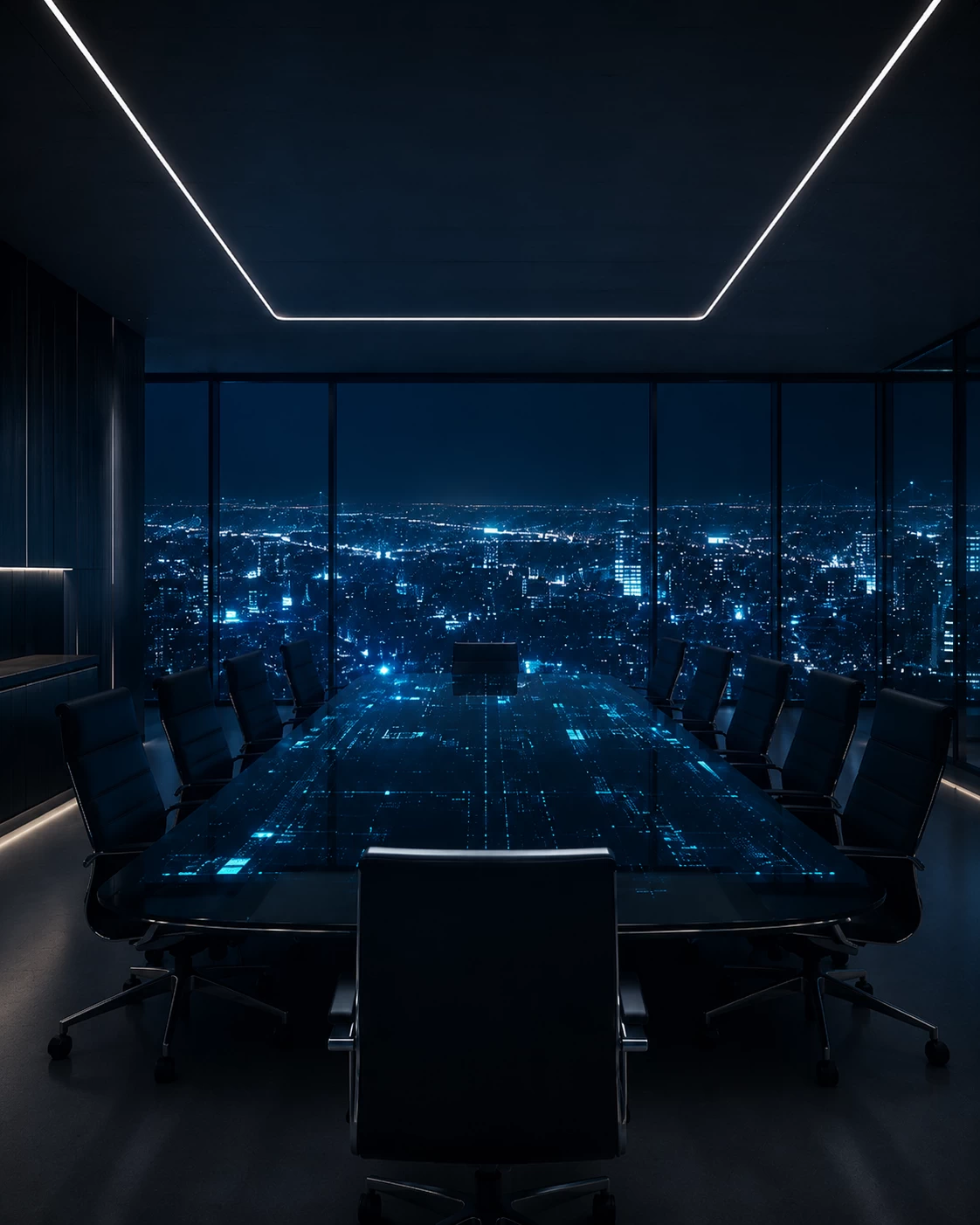 About S10 represented by a cinematographic shot from inside a hypermodern, glass boardroom or command center at a great height, looking out over an abstract, illuminated skyline of a digital metropolis in the evening. Inside, the interior is dark and minimalist: a sleek,empty conference table made of dark glass in which the data lines of the outside world subtly reflect. The atmosphere is serene and intellectual. It exudes the presence of strategic thinking.