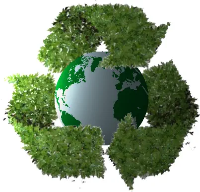A green planet Earth surrounded by circular green arrows, symbolizing corporate social responsibility and environmental sustainability.