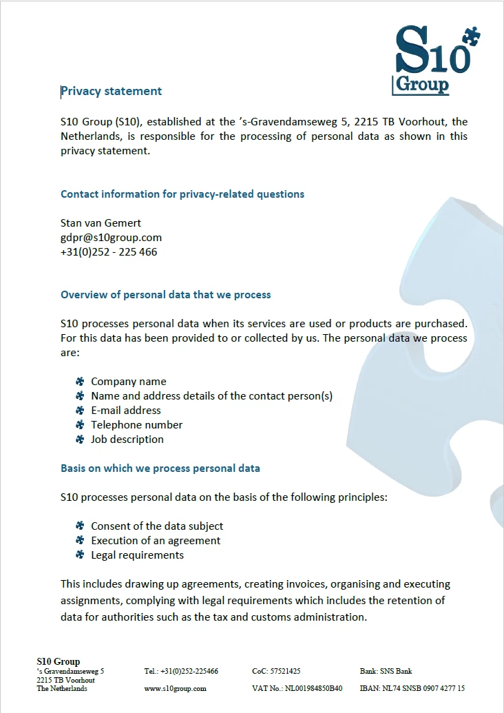 Screenshot of the official S10 Group Privacy Statement document, linking to the full policy