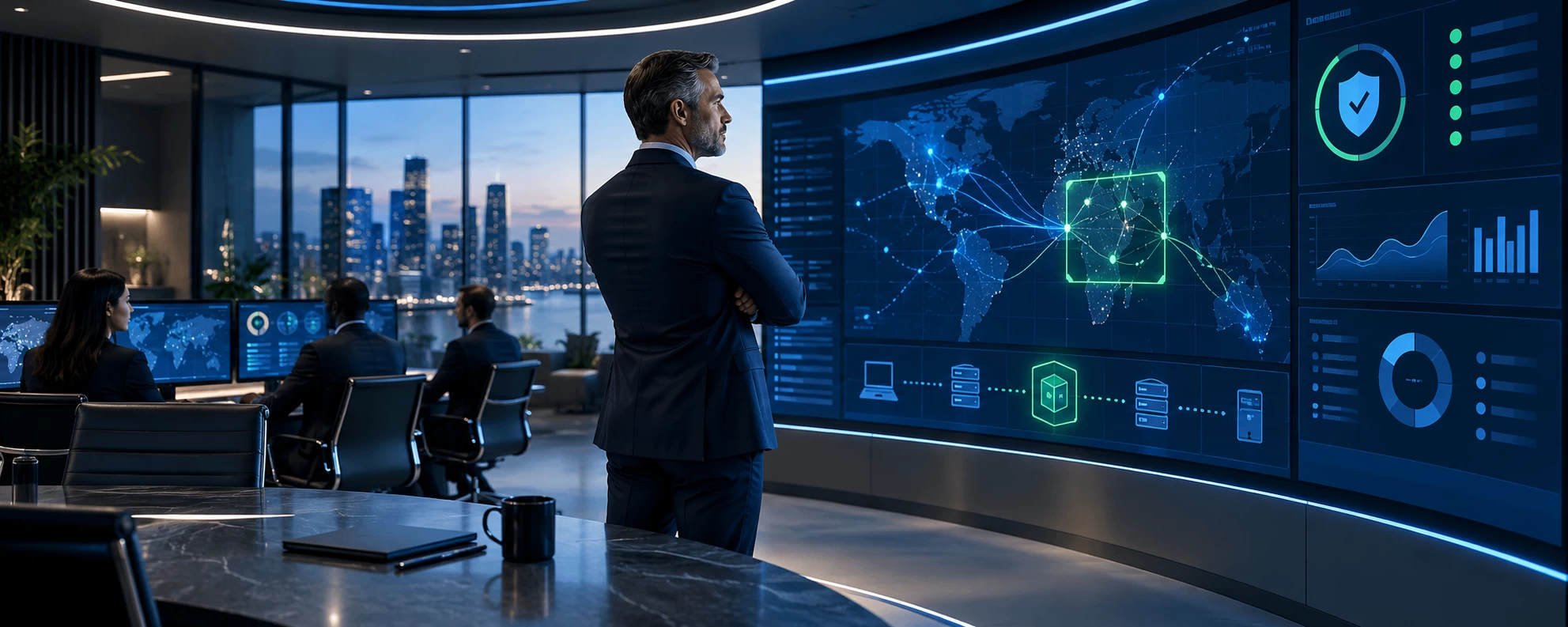 Assessment submission form represented by a confident IT leader managing a cybersecurity event from a modern control room, symbolizing operational containment and governance under pressure.