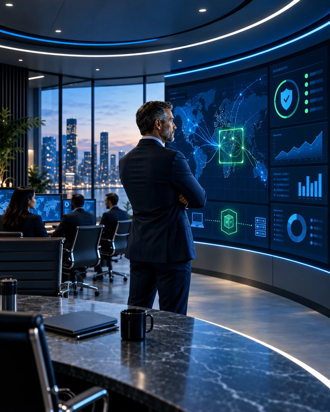 Assessment submission form represented by a confident IT leader managing a cybersecurity event from a modern control room, symbolizing operational containment and governance under pressure.