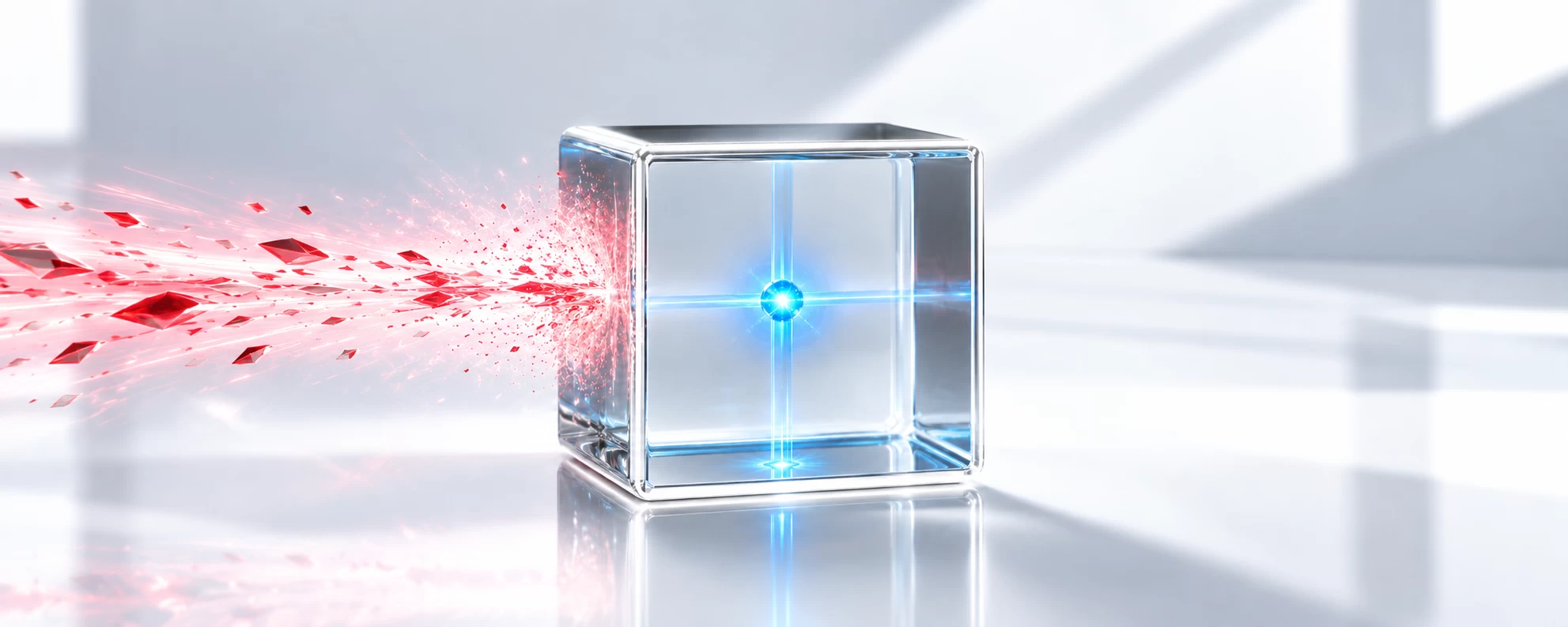 High-key conceptual visual of a glass cube preserving a stable blue control core while chaotic red threat energy is neutralised at the outer boundary.