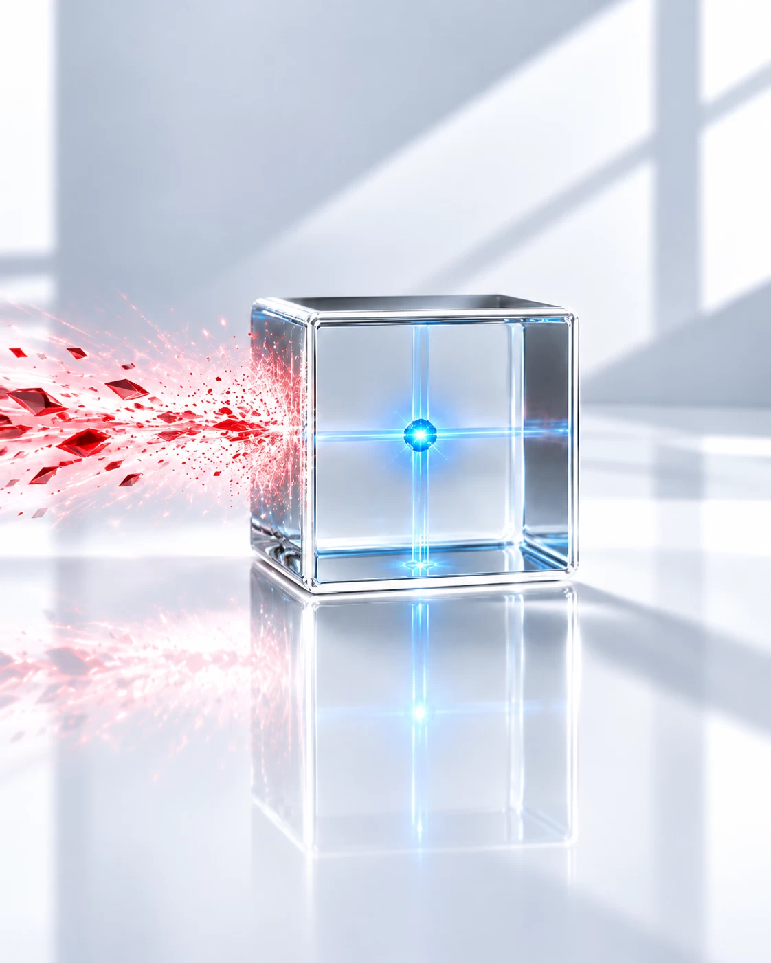 High-key conceptual visual of a glass cube preserving a stable blue control core while chaotic red threat energy is neutralised at the outer boundary.