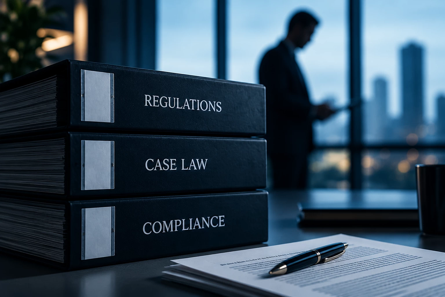 Legal-and-governance represented by a stack of three large black legal ring binders labelled 'Regulations', 'Case Law', and 'Compliance' sitting on a boardroom table next to an official document and a fountain pen, with a businessman standing by a high-rise city window in the blurred background