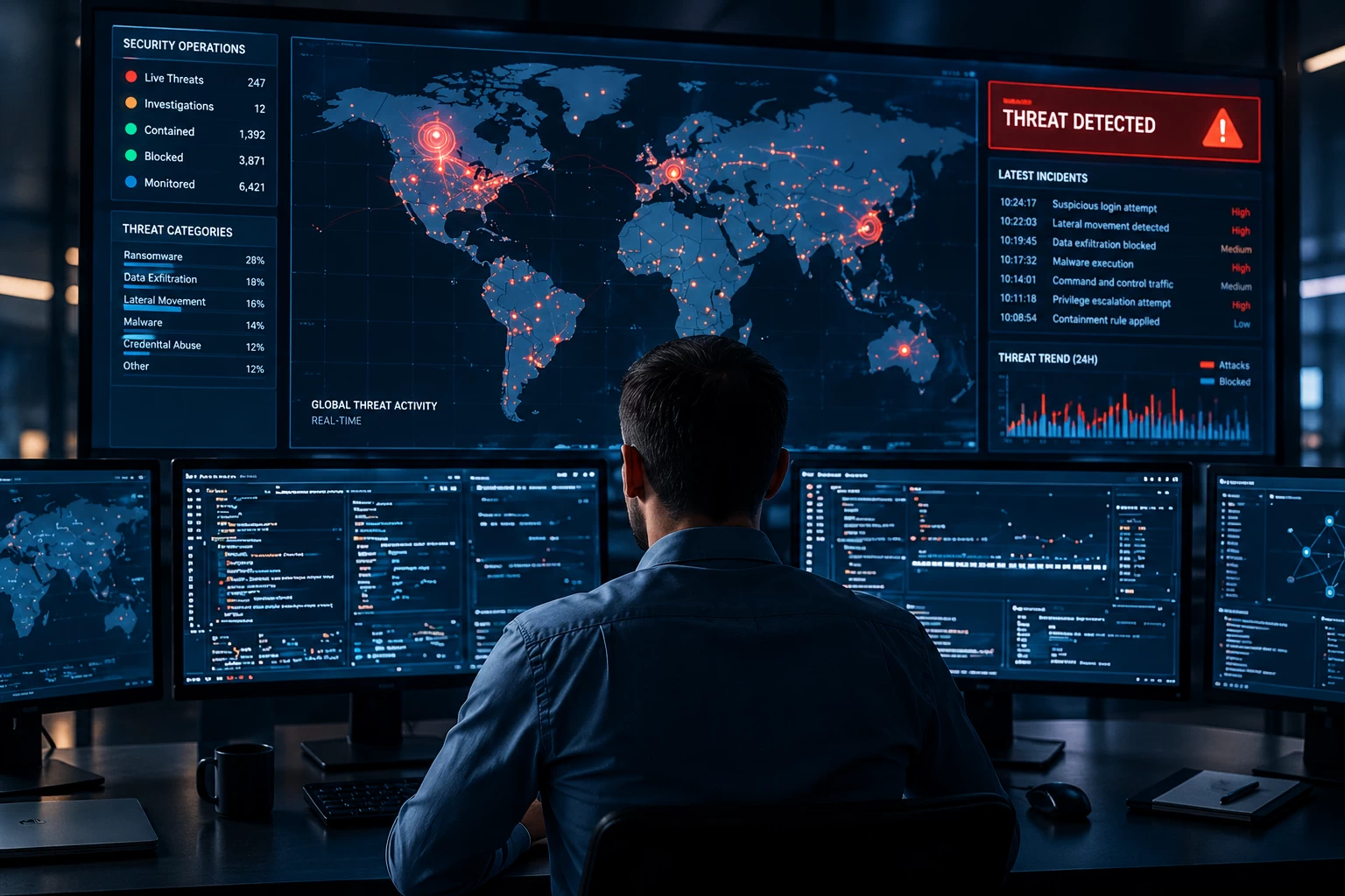 Prevention-does-not-determine-the-outcome represented by a rear view of a cybersecurity specialist in a darkened Security Operations Centre (SOC), monitoring large screens displaying a global threat activity map and live data dashboards