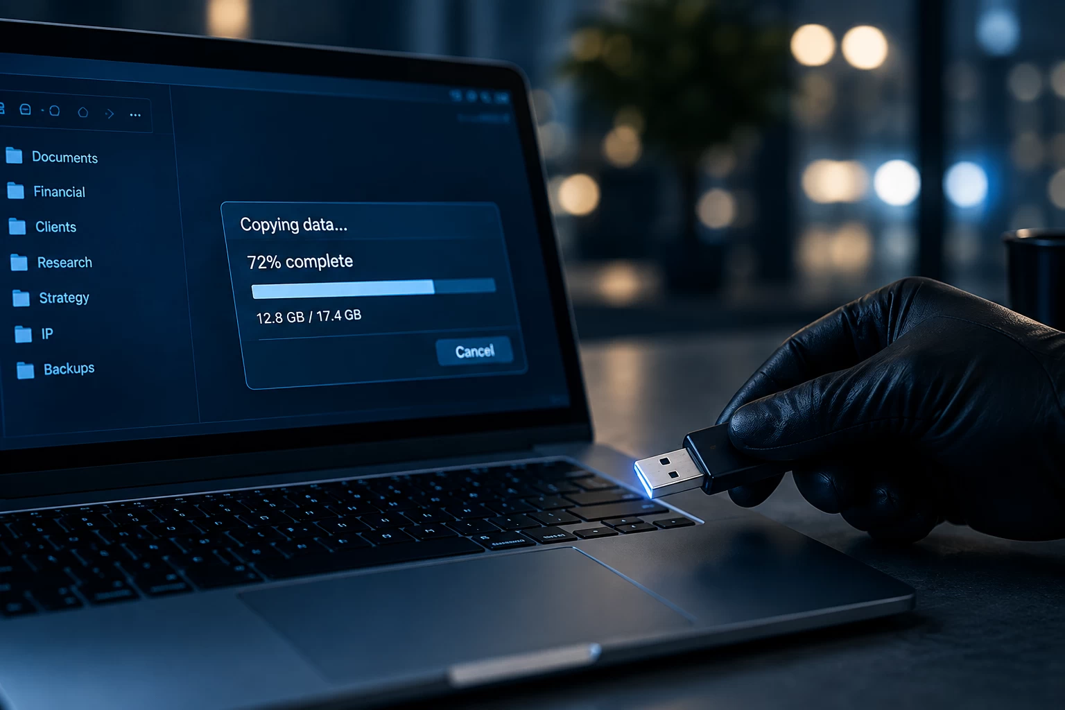 When data leaves the organisation represented by a hand in a black leather glove inserting or removing a USB flash drive from a laptop, whilst the screen shows a progress bar indicating a 'Copying data... 72% complete' file transfer.