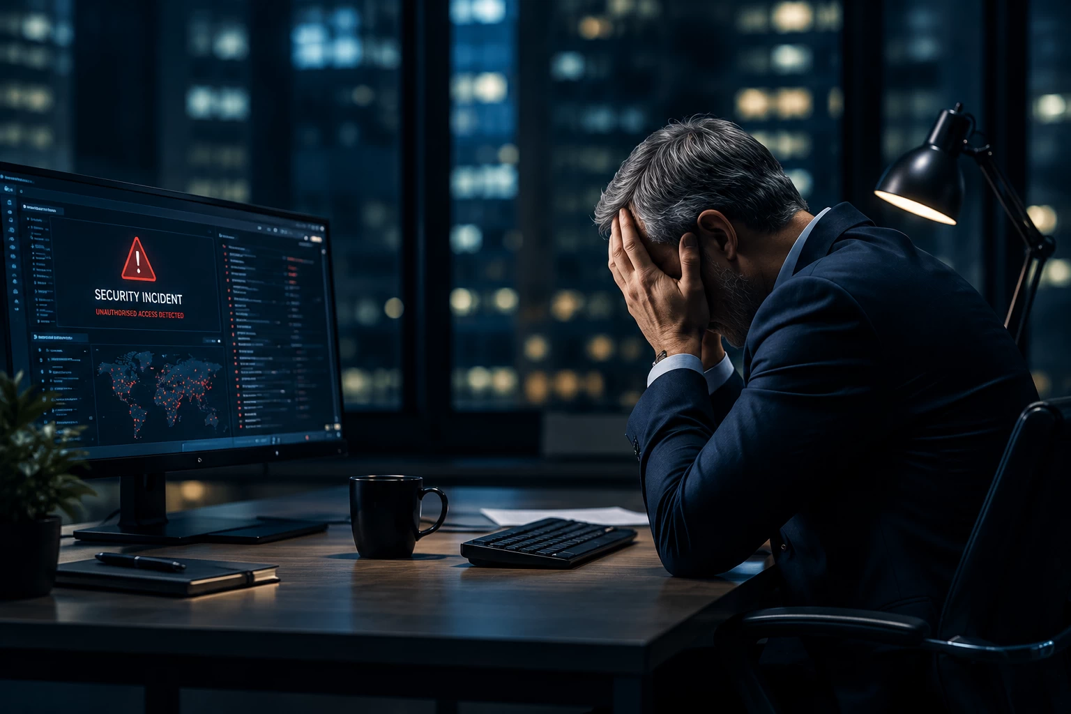 Human-impact represented by a side profile of an exhausted male executive sitting at a desk in a dark office at night, holding his head in his hands in distress next to a computer screen and a coffee mug, with city lights visible through the window.