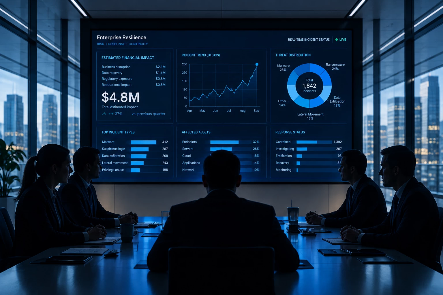 Financial-impact represented by silhouettes of corporate board members seated in a darkened boardroom, reviewing a large video wall displaying a financial data dashboard that prominently features a four point eight million dollar metric alongside trend graphs and pie charts.