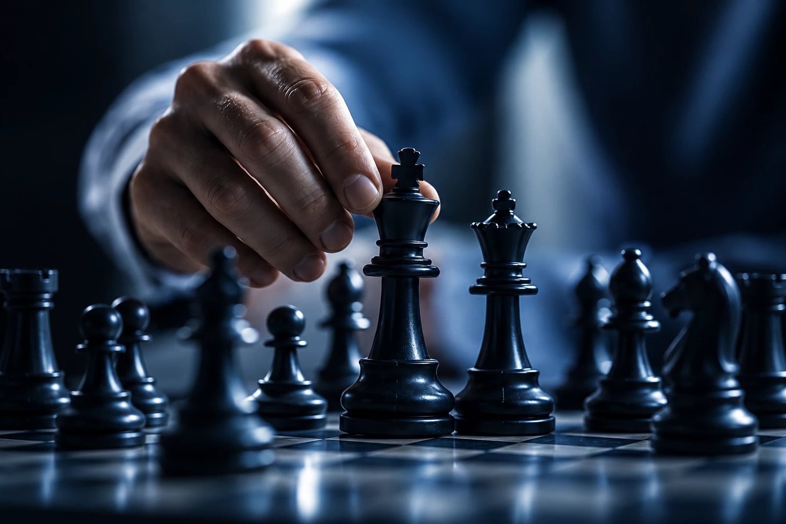 Decisions-define-the-outcome-card represented by a close-up of a businessman's hand making a deliberate, calculated move with a black king piece on a chessboard, surrounded by other chess pieces under dramatic studio lighting