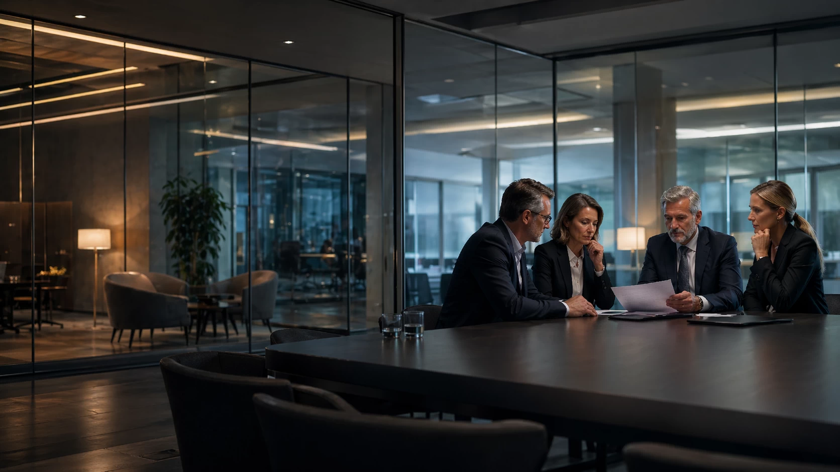 Run a controlled resilience assessment represented by four corporate executives in formal business attire—two men and two women—gathered tightly around a large conference table in a darkened glass-walled boardroom late at night. They are looking intently at a document held by a senior executive, with serious, focused expressions, while the empty office interior is visible through the glass partitioning in the background.