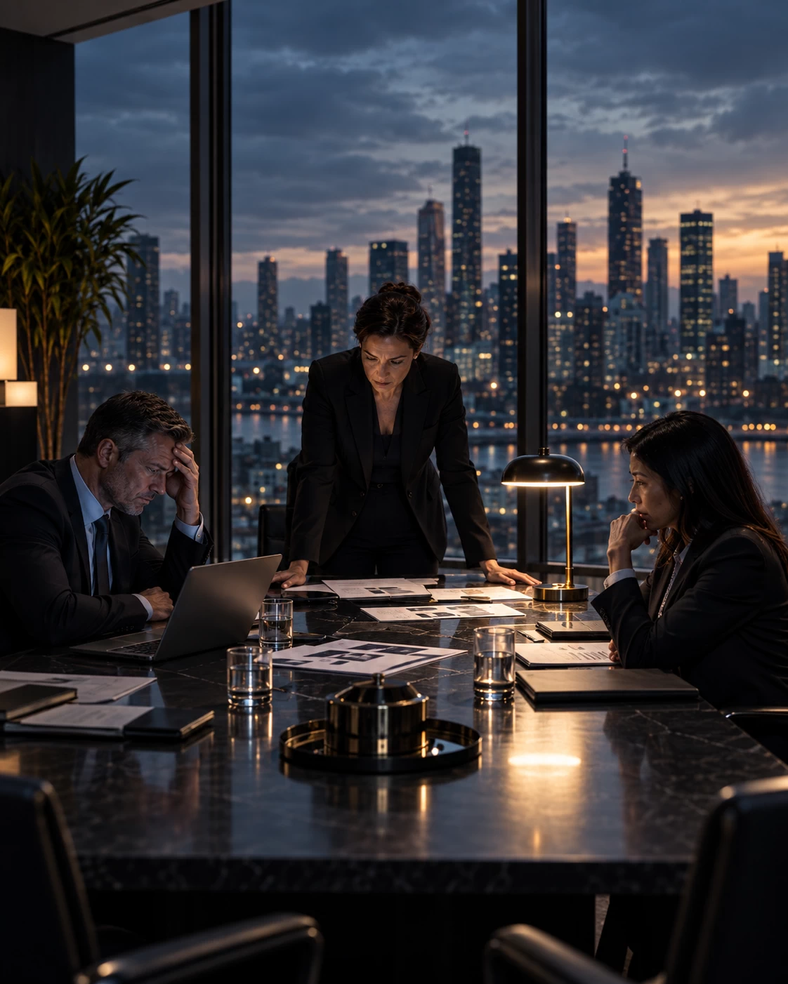 What happens when data leaves your organisation represented by a photo of a high-stakes executive crisis meeting in a dimly lit, modern glass-walled boardroom at twilight. A female Chief Legal Officer or CEO is standing at the head of a sleek dark conference table, her expression deeply serious, leaning forward with her hands flat on the table, looking at a printed incident report. Seated around the table, two other corporate executives look visibly tense, one rubbing their forehead while staring at a laptop screen. In the background, large floor-to-ceiling windows show a blurred metropolitan city skyline at dusk. The lighting is low-key, professional, and dramatic, utilizing cool slate gray and deep navy tones with a soft warm glow from a single desk lamp. Premium, high-end editorial business aesthetic.