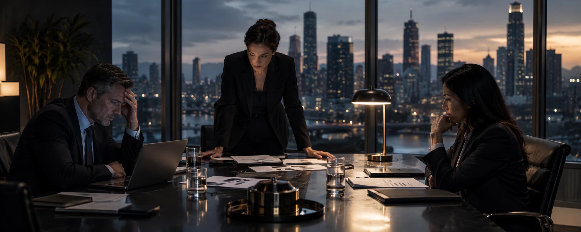 What happens when data leaves your organisation represented by a photo of a high-stakes executive crisis meeting in a dimly lit, modern glass-walled boardroom at twilight. A female Chief Legal Officer or CEO is standing at the head of a sleek dark conference table, her expression deeply serious, leaning forward with her hands flat on the table, looking at a printed incident report. Seated around the table, two other corporate executives look visibly tense, one rubbing their forehead while staring at a laptop screen. In the background, large floor-to-ceiling windows show a blurred metropolitan city skyline at dusk. The lighting is low-key, professional, and dramatic, utilizing cool slate gray and deep navy tones with a soft warm glow from a single desk lamp. Premium, high-end editorial business aesthetic.