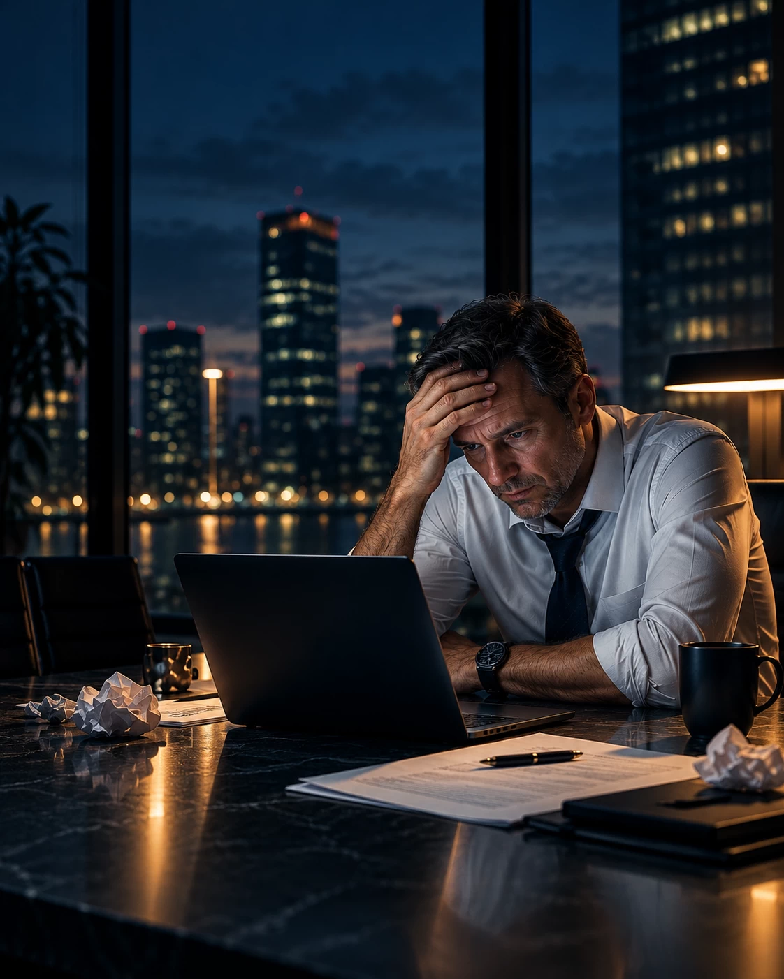 Human Impact represented by a cinematic photograph capturing the human toll of an ongoing crisis late at night. On the right side of the frame, a male corporate executive in a white business shirt with rolled-up sleeves is sitting at a sleek boardroom table. His tie is slightly loosened, his head is resting heavily in one hand, and he is staring with exhausted, serious eyes at a glowing laptop screen. Next to him are crumpled papers, a fountain pen, and an empty coffee mug. The left side of the image features clean, dark negative space (the empty, darkened corporate office background with blurred high-rise city lights through the windows). The atmosphere is quiet, heavy with psychological pressure, and deeply serious. Low-key dramatic lighting with a moody color palette of charcoal, shadows, and a soft amber glow from the desk.