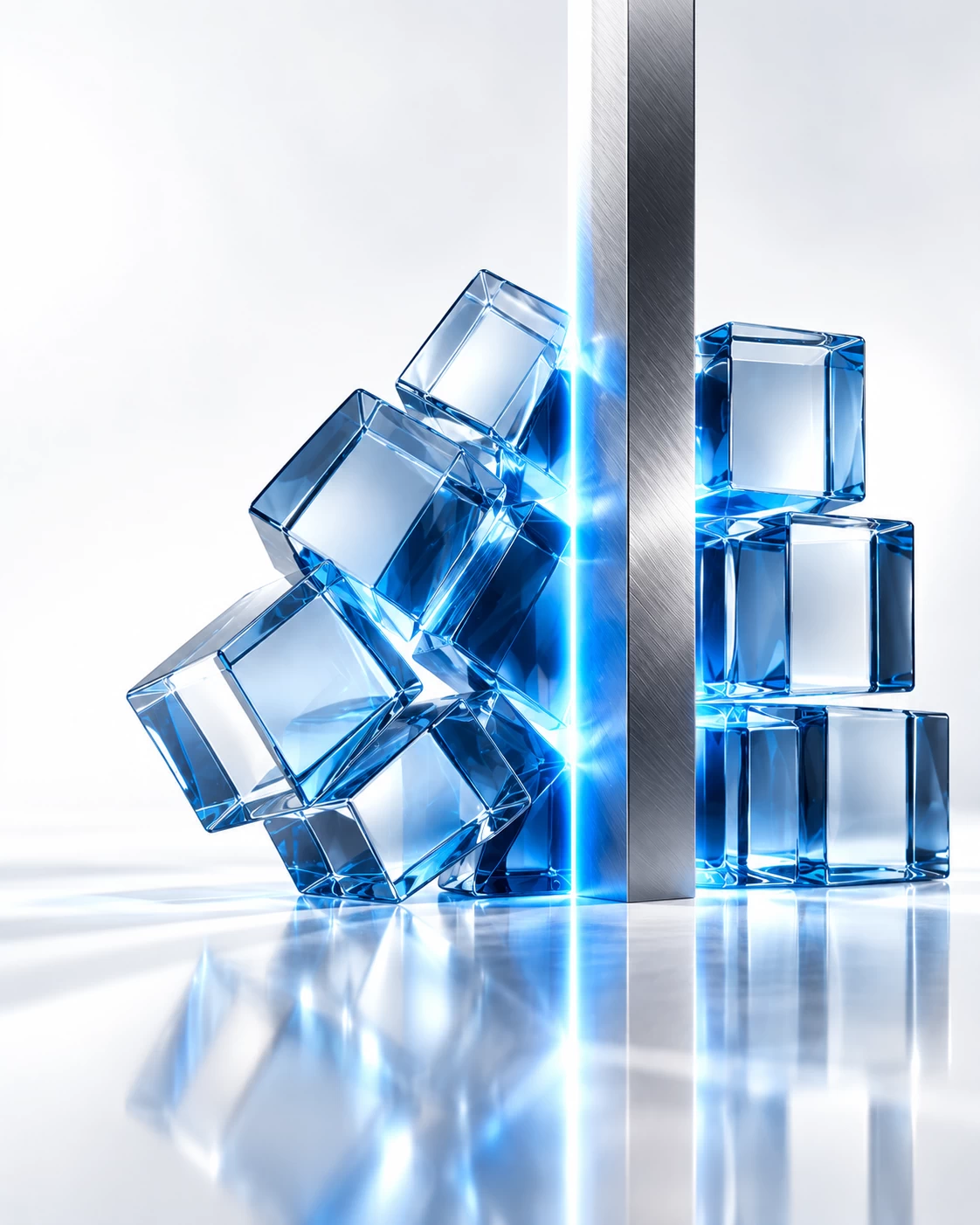 Conceptual 3D visual of leaning frosted-glass blocks stabilised by a titanium pillar with a blue edge glow, representing reduced human pressure during a cyber crisis.