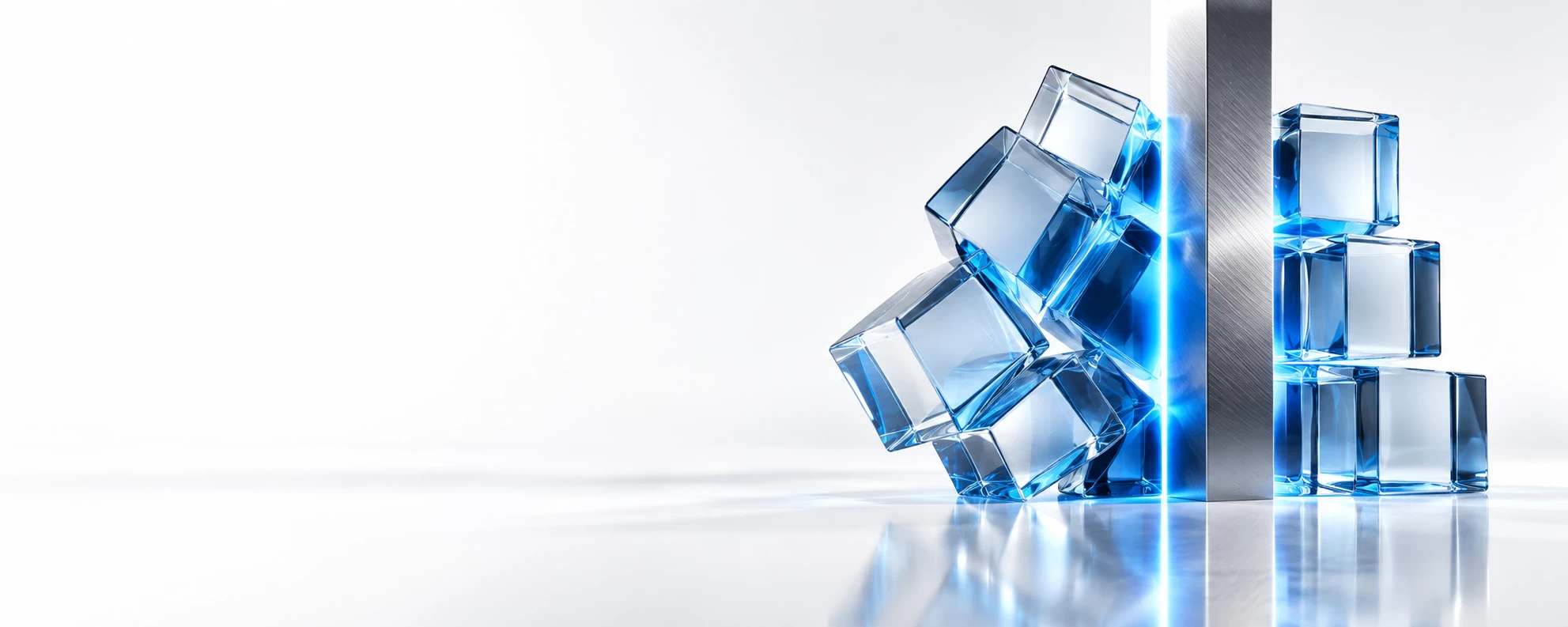 Conceptual 3D visual of leaning frosted-glass blocks stabilised by a titanium pillar with a blue edge glow, representing reduced human pressure during a cyber crisis.
