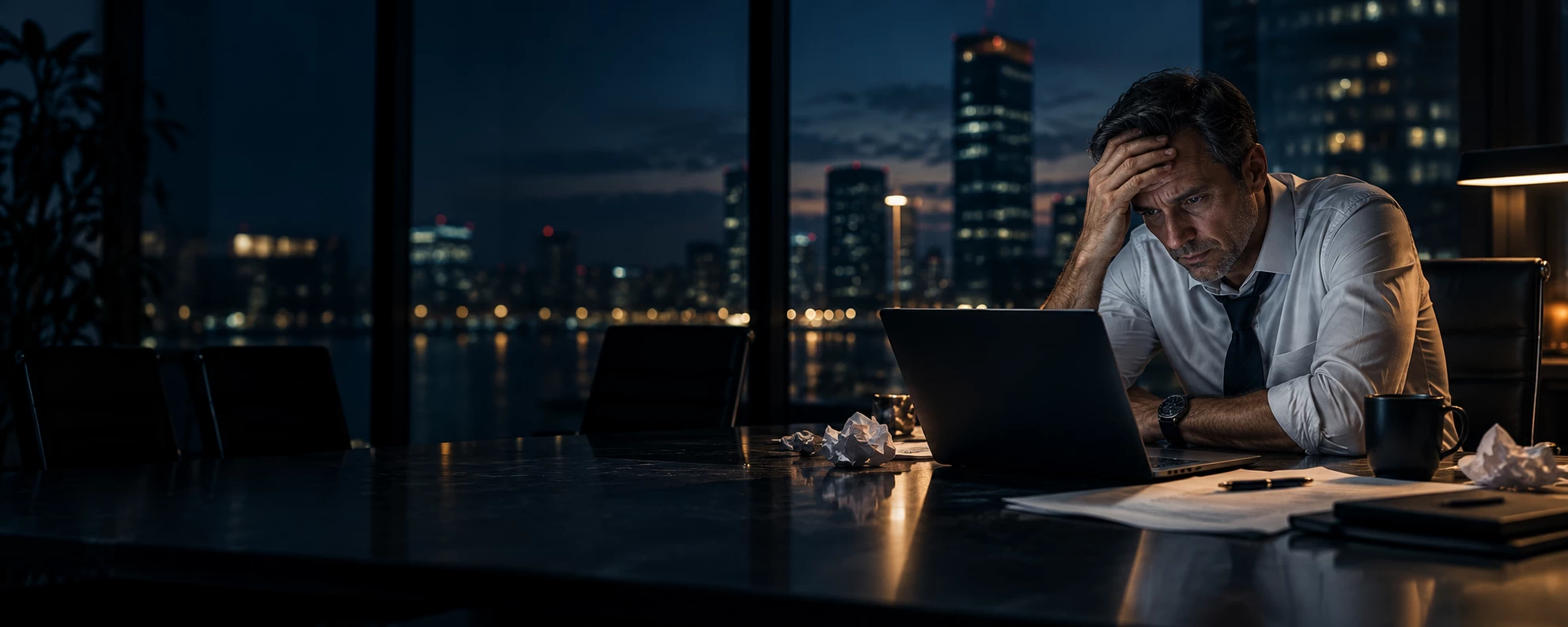 Human Impact represented by a cinematic photograph capturing the human toll of an ongoing crisis late at night. On the right side of the frame, a male corporate executive in a white business shirt with rolled-up sleeves is sitting at a sleek boardroom table. His tie is slightly loosened, his head is resting heavily in one hand, and he is staring with exhausted, serious eyes at a glowing laptop screen. Next to him are crumpled papers, a fountain pen, and an empty coffee mug. The left side of the image features clean, dark negative space (the empty, darkened corporate office background with blurred high-rise city lights through the windows). The atmosphere is quiet, heavy with psychological pressure, and deeply serious. Low-key dramatic lighting with a moody color palette of charcoal, shadows, and a soft amber glow from the desk.