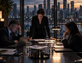 What happens when data leaves your organisation represented by a photo of a high-stakes executive crisis meeting in a dimly lit, modern glass-walled boardroom at twilight. A female Chief Legal Officer or CEO is standing at the head of a sleek dark conference table, her expression deeply serious, leaning forward with her hands flat on the table, looking at a printed incident report. Seated around the table, two other corporate executives look visibly tense, one rubbing their forehead while staring at a laptop screen. In the background, large floor-to-ceiling windows show a blurred metropolitan city skyline at dusk. The lighting is low-key, professional, and dramatic, utilizing cool slate gray and deep navy tones with a soft warm glow from a single desk lamp. Premium, high-end editorial business aesthetic.