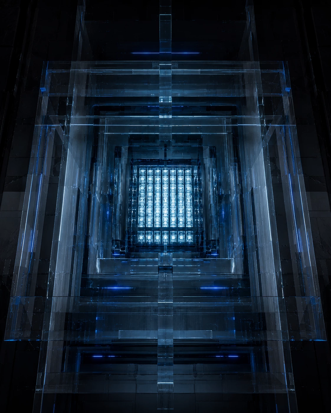 Privacy represented by a cinematographic, symmetrical bird's-eye view (top-down or a tight isometric perspective) of an abstract,glass vault architecture. You look down on a perfectly organized grid of pure white light (the data). This grid is enclosed by successive geometric layers of thick, laminated and tinted glass that filters ambient light. There are no people. The image radiates a deep, serene impenetrability: the data inside is perfectly organized and visible to those who are entitled to it, but the outside world is controlled by the massive, glass barriers kept at a safe distance. It exudes absolute structure and sovereignty.