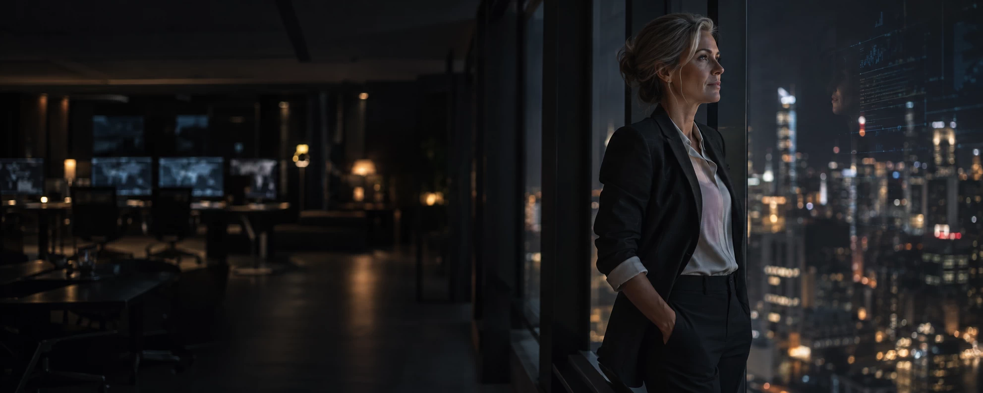 The CISO Role Changed Faster Than Most Organisations Adapted, represented by a high-end, cinematic corporate photograph of a senior male or female executive (the CISO) standing on the right side of a modern, dark-toned enterprise security operations room at night. The executive is viewed from a sharp three-quarter angle, wearing sophisticated business attire with rolled-up sleeves, looking out a large window at a blurred metropolitan city skyline. A subtle reflection of intricate infrastructure charts and risk metrics from a nearby monitor catches the glass. The entire left side of the frame features deep, clean negative space with soft, out-of-focus background elements of a darkened corporate office. Low-key dramatic studio lighting with a restricted colour palette of deep charcoal, slate gray, and an ambient warm glow. Elite thought-leadership aesthetic.