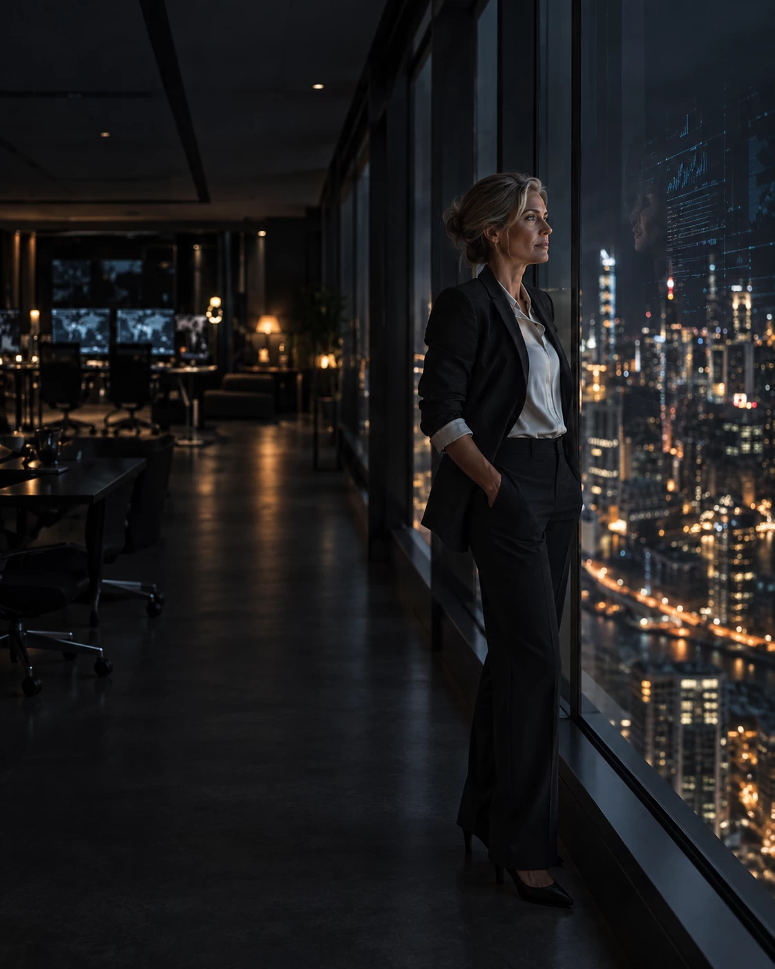 The CISO Role Changed Faster Than Most Organisations Adapted, represented by a high-end, cinematic corporate photograph of a senior male or female executive (the CISO) standing on the right side of a modern, dark-toned enterprise security operations room at night. The executive is viewed from a sharp three-quarter angle, wearing sophisticated business attire with rolled-up sleeves, looking out a large window at a blurred metropolitan city skyline. A subtle reflection of intricate infrastructure charts and risk metrics from a nearby monitor catches the glass. The entire left side of the frame features deep, clean negative space with soft, out-of-focus background elements of a darkened corporate office. Low-key dramatic studio lighting with a restricted colour palette of deep charcoal, slate gray, and an ambient warm glow. Elite thought-leadership aesthetic.