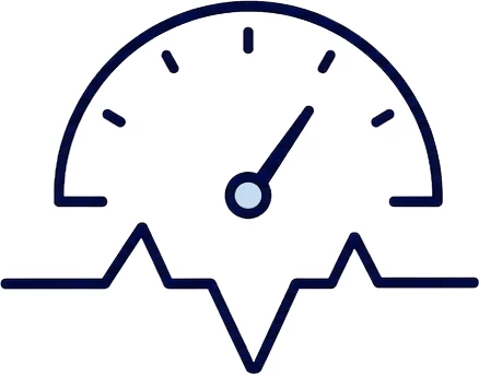 Live-pressure gap represented by a modern tech line icon combining a dark navy semi-circular gauge or speedometer with a light-blue needle pointer, intersecting at the base with a sharp horizontal pulse or heartbeat line to represent operational metrics or active pressure tracking