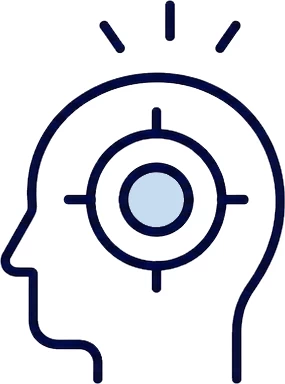 Awareness respresented by a minimalist vector line icon of a human head silhouette in dark navy blue, facing left, with a light-blue concentric target crosshair positioned over the mind area to symbolise strategic focus or analytical intent.