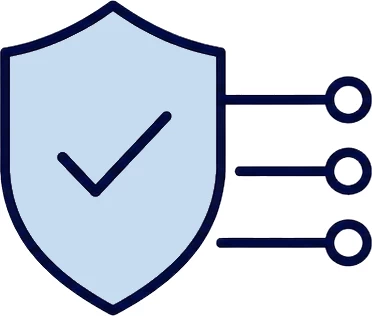 Executable control represented by a clean corporate line icon featuring a light-blue security shield with a dark navy border and a central tick mark, connected on the right to three horizontal list lines ending in small circular nodes to illustrate security controls or verified compliance