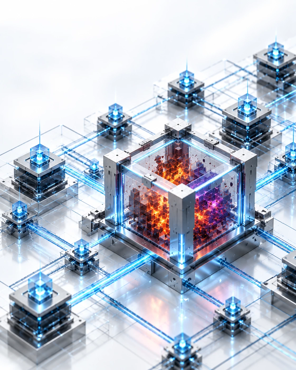Premium cybersecurity visual of a calm blue network matrix where a titanium containment cube isolates malware activity while surrounding operations remain unaffected.