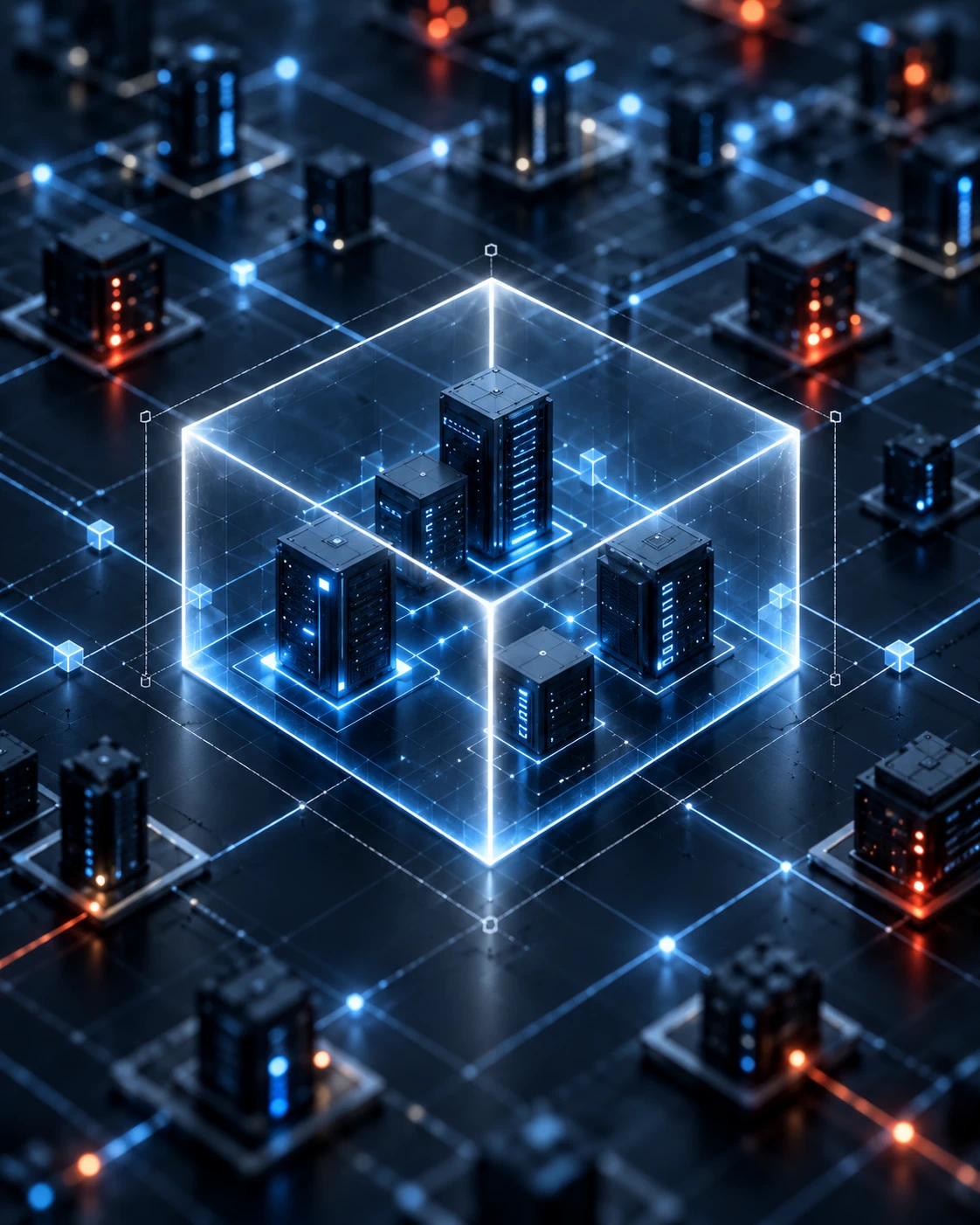 S10 Group containment platform: the containment layer that keeps control under pressure, represented by an abstract high-end conceptual corporate graphic. A dark slate gray background featuring two distinct structural states separated by a clean spatial divide. On the left side, the background remains empty and dark, creating expansive negative space for header text. On the right side of the frame, a sophisticated isometric view of an active network matrix. A localized, sharp, brilliant white bounding frame or transparent cube structure wraps tightly around a specific section of the matrix, creating an unyielding protective cell. Faint, elegant architectural alignment vectors and timing markers are visible along the perimeter of the cell, emphasizing a calculated, pre-designed, and executed move. Sophisticated, calm, completely controlled atmosphere with high-end financial-tech styling.