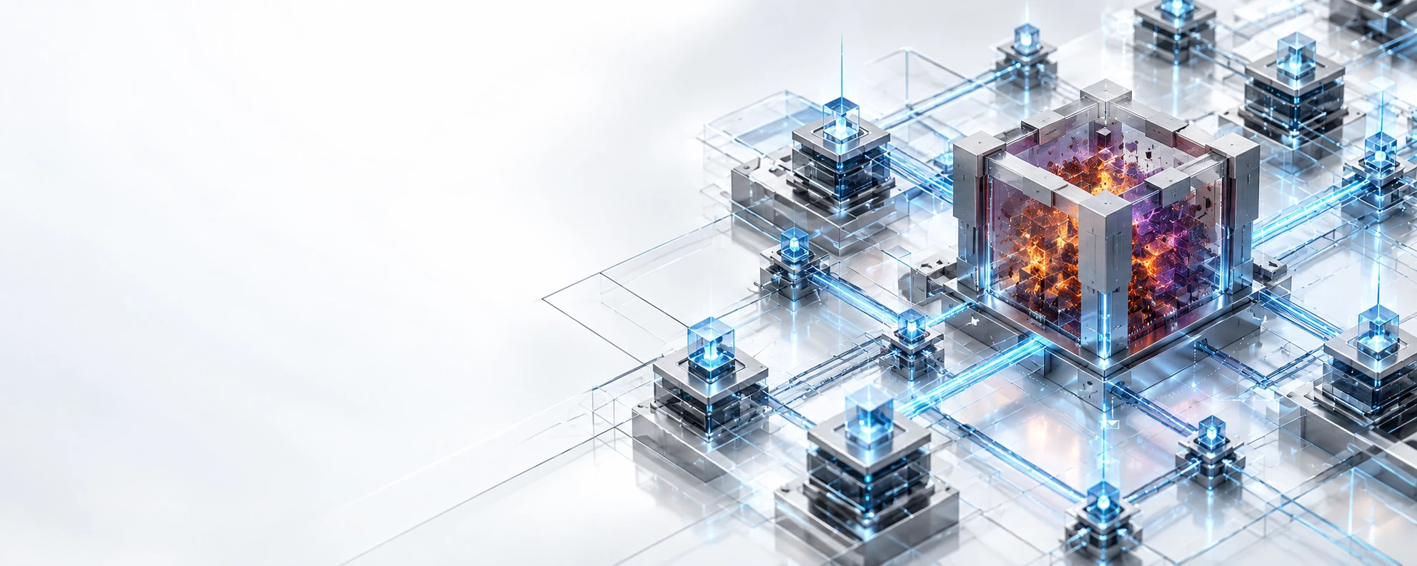 Premium cybersecurity visual of a calm blue network matrix where a titanium containment cube isolates malware activity while surrounding operations remain unaffected.