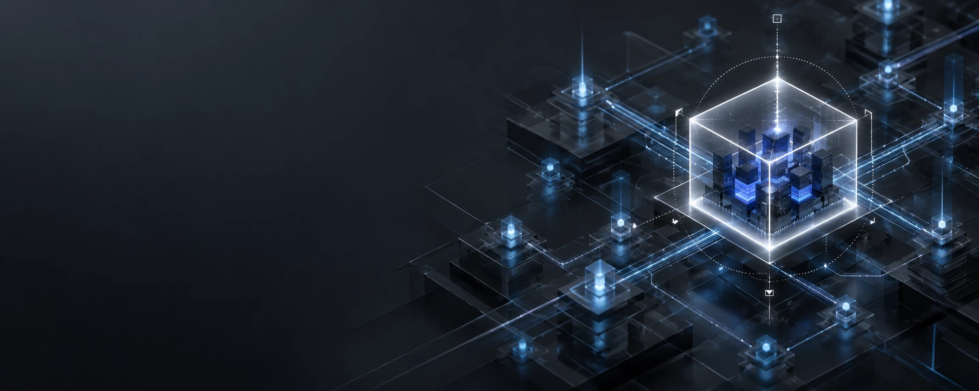 S10 Group containment platform: the containment layer that keeps control under pressure, represented by an abstract high-end conceptual corporate graphic. A dark slate gray background featuring two distinct structural states separated by a clean spatial divide. On the left side, the background remains empty and dark, creating expansive negative space for header text. On the right side of the frame, a sophisticated isometric view of an active network matrix. A localized, sharp, brilliant white bounding frame or transparent cube structure wraps tightly around a specific section of the matrix, creating an unyielding protective cell. Faint, elegant architectural alignment vectors and timing markers are visible along the perimeter of the cell, emphasizing a calculated, pre-designed, and executed move. Sophisticated, calm, completely controlled atmosphere with high-end financial-tech styling.