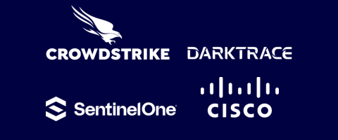 How our platform fits into your existing stack represented by an example of four white brand logos in sequence Crowdstrike, Darktrace, SentinelOne and Cisco displayed at a blue background