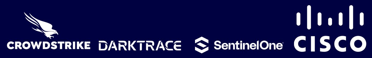 How our platform fits into your existing stack represented by an example of four white brand logos in sequence Crowdstrike, Darktrace, SentinelOne and Cisco displayed at a blue background