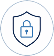 How control changes the outcome item protect data represented by a premium security line icon featuring a dark navy blue outline of a corporate shield, entirely enclosing a centrally positioned light-blue padlock to symbolise data protection and exposure control.