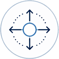 How control changes the outcome item reduce spread represented by a modern architectural line icon showing a light-blue central circle surrounded by a dotted dark navy circular perimeter, with four dark navy arrows expanding outwards in cardinal directions to represent blast radius containment.