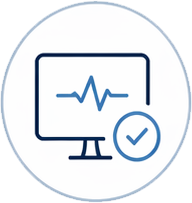 How control changes the outcome item preserve continuity represented by a clean corporate line icon of a desktop computer monitor in dark navy blue, displaying a light-blue live heartbeat or pulse wave on the screen, accompanied by a small light-blue verified tick icon in the bottom-right corner to represent preserved continuity.
