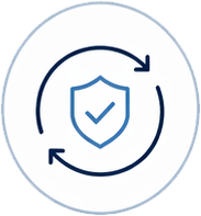 How control changes the outcome item safer recovery represented by a sleek governance line icon composed of a light-blue central shield with an integrated tick mark, surrounded by two dark navy blue circular arrows forming a continuous clockwise loop to illustrate a safe, controlled recovery cycle.