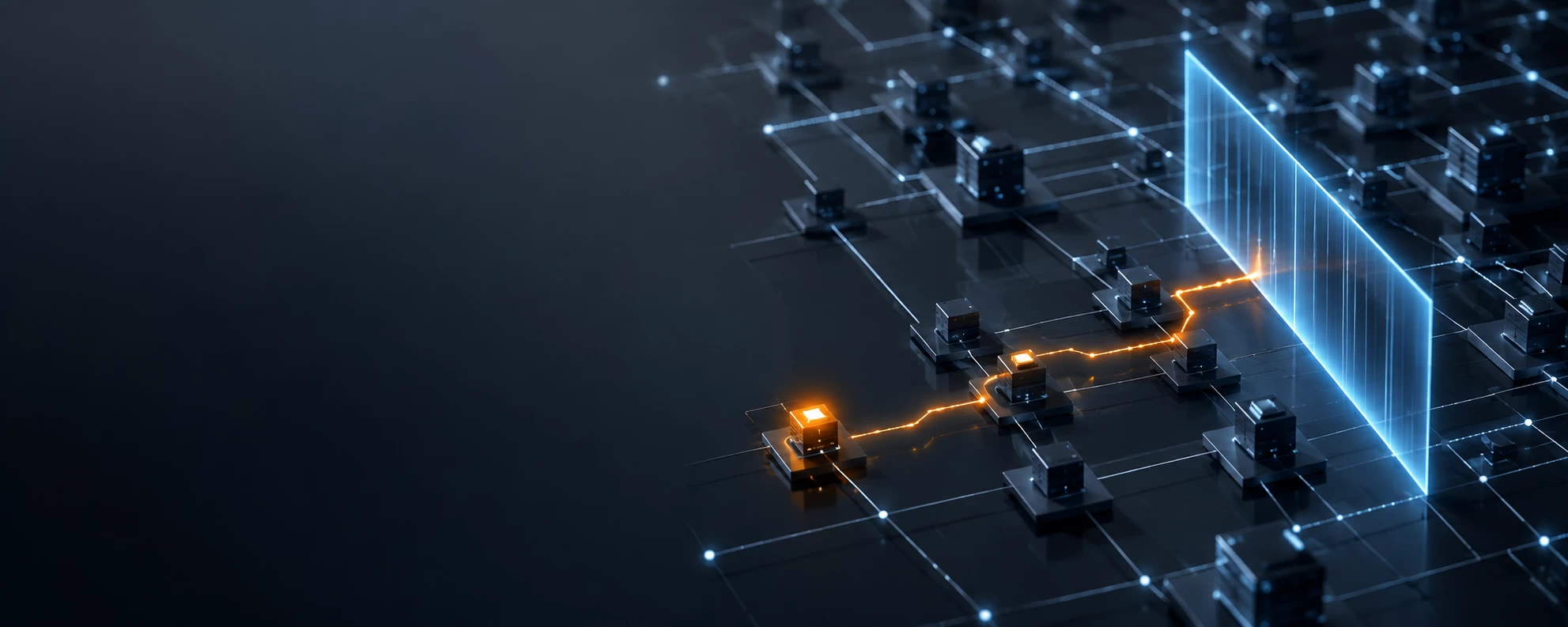 The first alert was not the boundary represented by a cinematic, high-end corporate 3D graphic set against a dark matte charcoal background, optimized for a thought-leadership hero header. On the right side of the frame, a complex network matrix of crisp white and deep navy lines stretches into the distance. A single, sharp amber dot glowing intensely represents the initial alert point. Radiating out from this dot, thin, faint pathways of light stealthily snake deeper into the surrounding network via normal pathways. Slicing vertically through the matrix, slightly further down the track, is a razor-sharp, glowing ice-blue glass wall or boundary vector, cleanly halting the forward motion. The entire left half of the image features expansive, clean negative space with smooth dark gradients for textual overlay. Premium, intellectual B2B technology aesthetic.