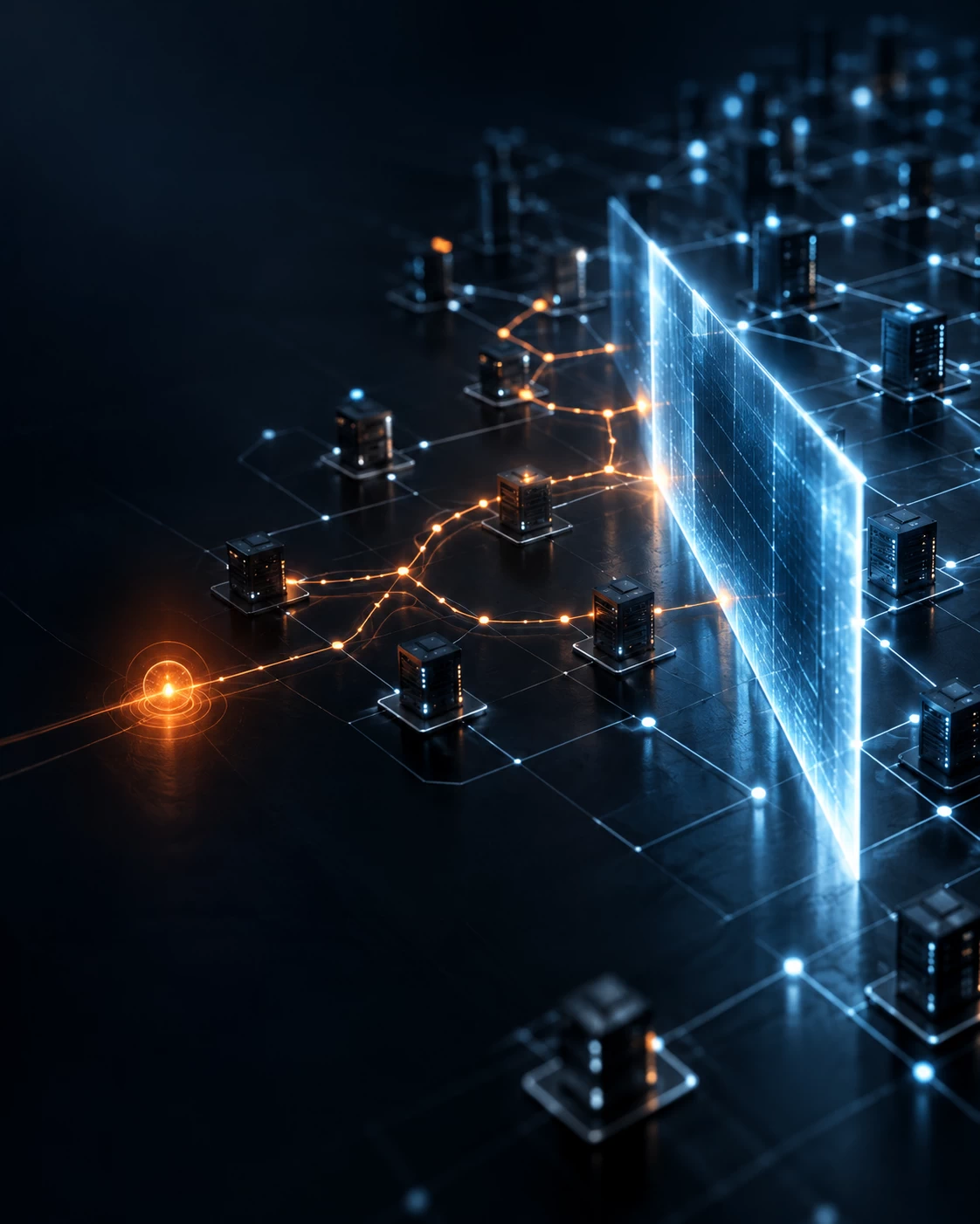The first alert was not the boundary represented by a cinematic, high-end corporate 3D graphic set against a dark matte charcoal background, optimized for a thought-leadership hero header. On the right side of the frame, a complex network matrix of crisp white and deep navy lines stretches into the distance. A single, sharp amber dot glowing intensely represents the initial alert point. Radiating out from this dot, thin, faint pathways of light stealthily snake deeper into the surrounding network via normal pathways. Slicing vertically through the matrix, slightly further down the track, is a razor-sharp, glowing ice-blue glass wall or boundary vector, cleanly halting the forward motion. The entire left half of the image features expansive, clean negative space with smooth dark gradients for textual overlay. Premium, intellectual B2B technology aesthetic.