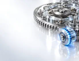 The CISO role changed faster than most organisations adapted card represented by a premium, high-end 3D architectural render of a complex mechanical watch or turbine mechanism resting on a bright, highly reflective white surface. The structure features several stacked, interlocking gear rings made of polished silver steel and transparent sapphire glass. On the right side, a single, independent gear cylinder—representing the CISO—is spinning rapidly, illuminated by a vibrant, glowing light-blue energy pulse along its teeth. However, the larger organizational gear rings in the background are static and slightly out of alignment, failing to mesh with the active cylinder. The entire left half of the frame features smooth, expansive white negative space with soft light gradients for text overlay. Clean, prestigious, and highly professional corporate aesthetic.