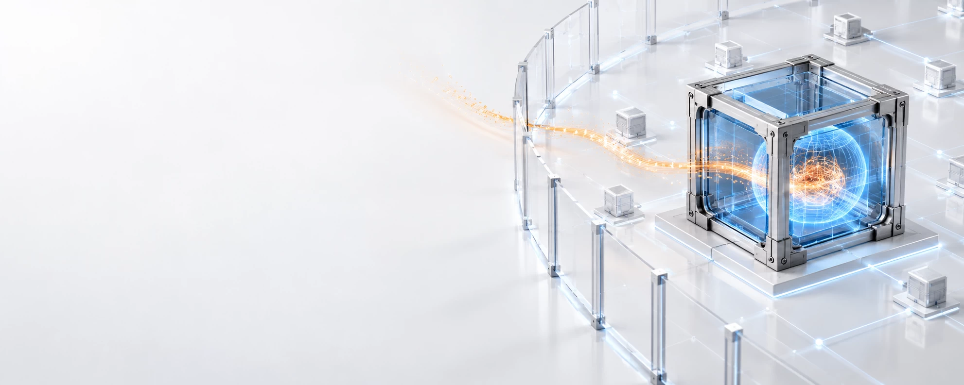 "Why Prevention Does Not Determine the Outcome" is represented by a premium 3D conceptual engineering render set against a pristine, bright white background, optimized for a website hero section. On the far right of the frame, a thin, decorative translucent perimeter wall represents prevention. A subtle amber data path has bypassed this initial barrier, entering the inner environment. However, the moment it passes the outer wall, a robust, interlocking secondary enclosure made of polished titanium and thick sapphire glass automatically activates, trapping the amber path completely. Inside this localised containment cube, a vibrant light-blue neon pulse locks down the threat, leaving the vast, clean white network grid surrounding it entirely untouched and stable. The left half of the frame features smooth, expansive white negative space with soft light gradients for high-contrast dark text overlay. Elite enterprise technology brand aesthetic.