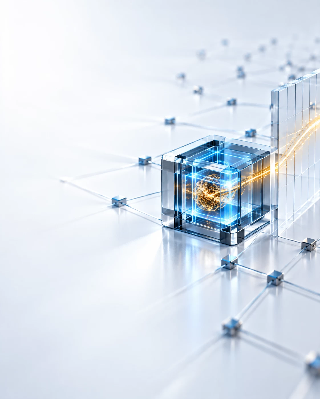 "Why Prevention Does Not Determine the Outcome" is represented by a premium 3D conceptual engineering render set against a pristine, bright white background, optimized for a website hero section. On the far right of the frame, a thin, decorative translucent perimeter wall represents prevention. A subtle amber data path has bypassed this initial barrier, entering the inner environment. However, the moment it passes the outer wall, a robust, interlocking secondary enclosure made of polished titanium and thick sapphire glass automatically activates, trapping the amber path completely. Inside this localised containment cube, a vibrant light-blue neon pulse locks down the threat, leaving the vast, clean white network grid surrounding it entirely untouched and stable. The left half of the frame features smooth, expansive white negative space with soft light gradients for high-contrast dark text overlay. Elite enterprise technology brand aesthetic.