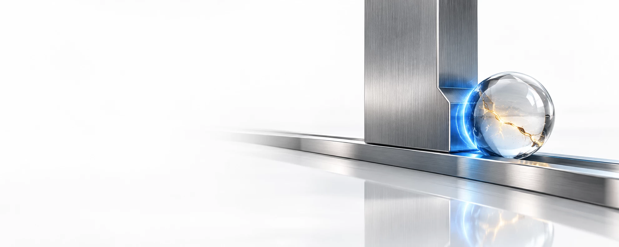 "What happens when something still slips through?" represented by a premium 3D conceptual engineering render set against a pristine, bright white backdrop, tailored for a high-end thought-leadership header. On the right side of the frame, a horizontal track of polished silver steel runs across a glossy, reflective white floor. A single, transparent sapphire glass sphere enters the track from the edge, internally fractured with a subtle, glowing amber data thread—representing the initial foothold. However, slightly further down the path, a heavy, solid vertical block of brushed titanium has stepped down onto the track, completely halting the sphere's forward momentum. Along the point of impact, a vibrant, light-blue neon edge glow activates, cleanly absorbing the kinetic energy and containing the disruption. The entire left half of the image features expansive, clean white negative space with smooth light gradients, optimized for high-contrast dark typography. Elite corporate technology brand aesthetic.