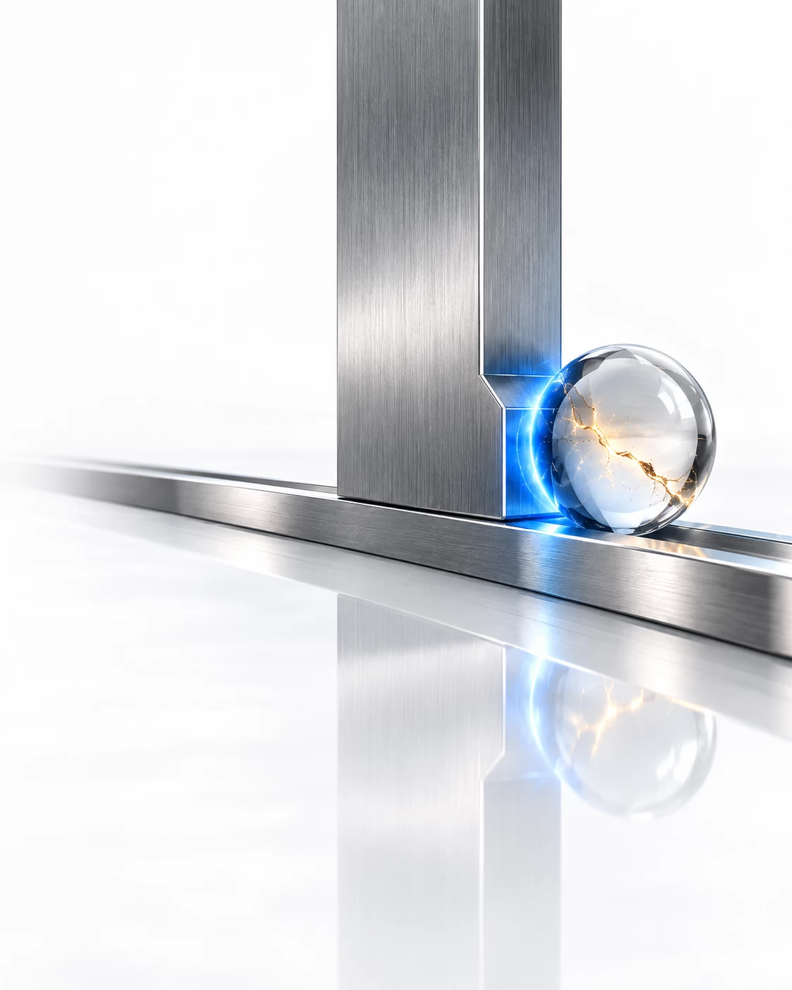"What happens when something still slips through?" represented by a premium 3D conceptual engineering render set against a pristine, bright white backdrop, tailored for a high-end thought-leadership header. On the right side of the frame, a horizontal track of polished silver steel runs across a glossy, reflective white floor. A single, transparent sapphire glass sphere enters the track from the edge, internally fractured with a subtle, glowing amber data thread—representing the initial foothold. However, slightly further down the path, a heavy, solid vertical block of brushed titanium has stepped down onto the track, completely halting the sphere's forward momentum. Along the point of impact, a vibrant, light-blue neon edge glow activates, cleanly absorbing the kinetic energy and containing the disruption. The entire left half of the image features expansive, clean white negative space with smooth light gradients, optimized for high-contrast dark typography. Elite corporate technology brand aesthetic.