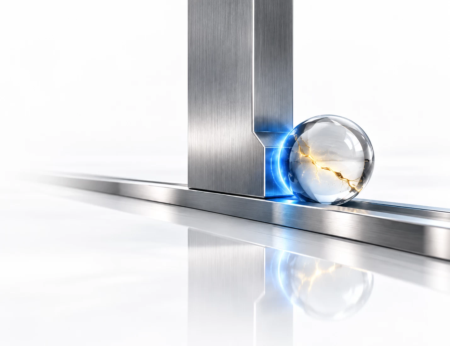 "What happens when something still slips through?" represented by a premium 3D conceptual engineering render set against a pristine, bright white backdrop, tailored for a high-end thought-leadership header. On the right side of the frame, a horizontal track of polished silver steel runs across a glossy, reflective white floor. A single, transparent sapphire glass sphere enters the track from the edge, internally fractured with a subtle, glowing amber data thread—representing the initial foothold. However, slightly further down the path, a heavy, solid vertical block of brushed titanium has stepped down onto the track, completely halting the sphere's forward momentum. Along the point of impact, a vibrant, light-blue neon edge glow activates, cleanly absorbing the kinetic energy and containing the disruption. The entire left half of the image features expansive, clean white negative space with smooth light gradients, optimized for high-contrast dark typography. Elite corporate technology brand aesthetic.
